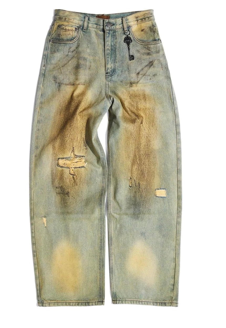 Birth of a Royal Child Dirty-Washed Brushing Wax Baggy Denim