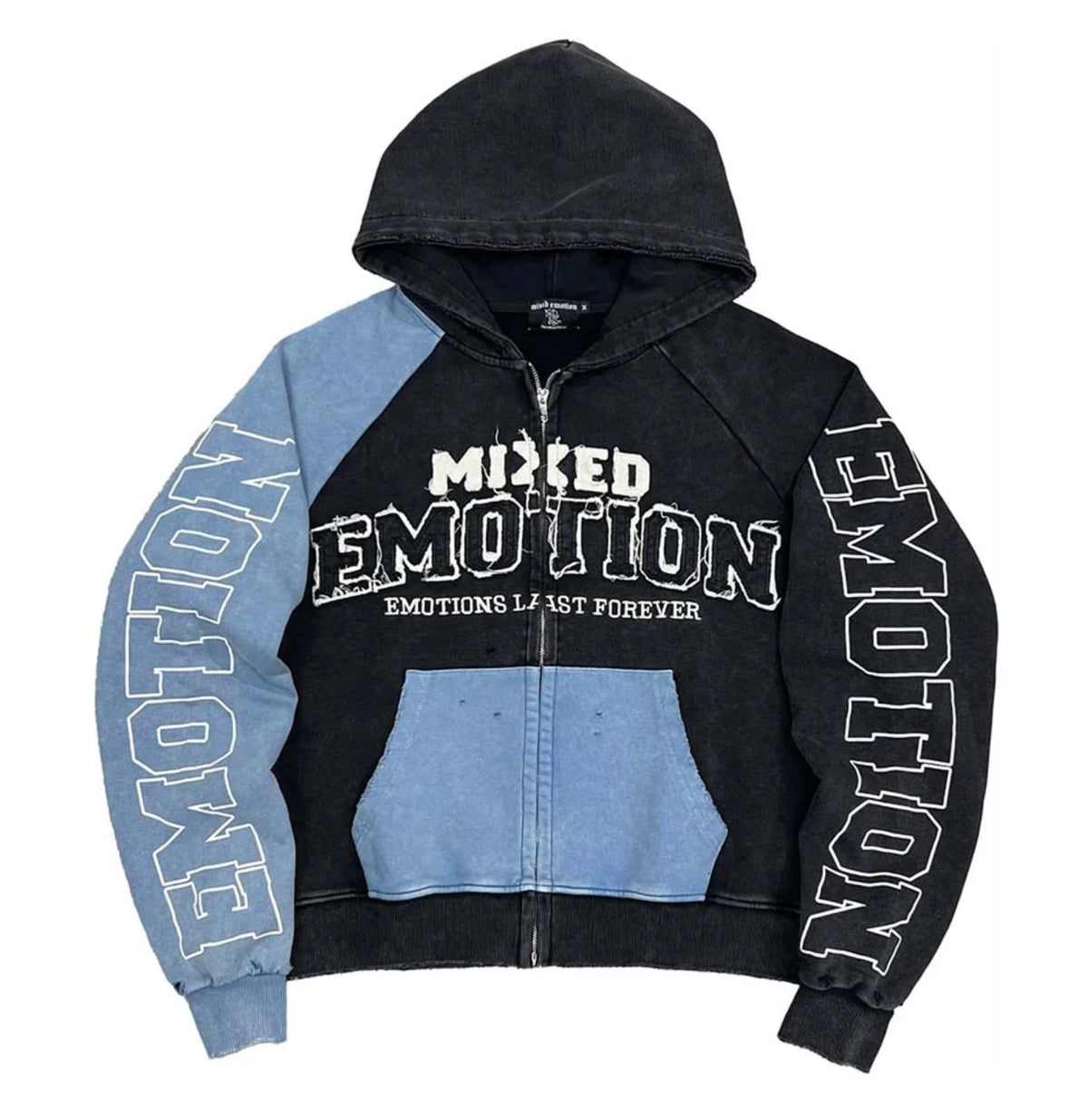 Mixed Emotions Split Zip Up Hoodie Black Blue